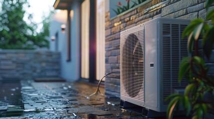 Poster - An air conditioner unit mounted on the side of a building. Suitable for illustrating HVAC systems