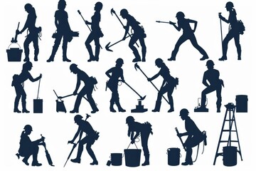 Canvas Print - Silhouettes of people using various tools, suitable for industrial concepts