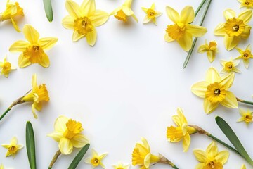 Poster - Bright yellow daffodils arranged in a circle on a clean white surface. Perfect for spring-themed designs