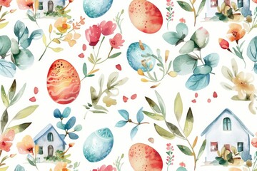 Wall Mural - Colorful Easter eggs surrounded by vibrant flowers, perfect for spring celebrations