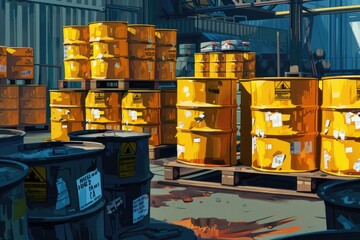 Yellow barrels stacked on a pallet, suitable for industrial concepts