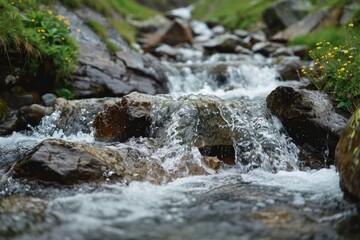 Poster - Serene stream flowing through vibrant green forest, ideal for nature backgrounds