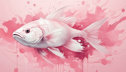 Wall Mural - a painting of a fish on a pink background with splots of paint on the bottom and bottom of the fish's body and bottom part of its body.