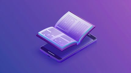 Poster - A mobile phone screen with a book open on a violet background for an online library or education course landing page.