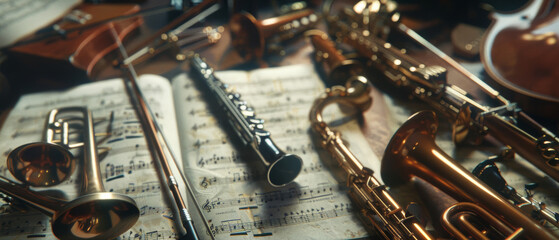 A symphony of brass and woodwind instruments atop a classical sheet music.