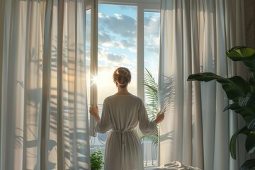 Poster - Woman standing in front of a window, looking out. Suitable for various concepts and designs