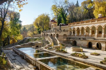 Aufkleber - A large building with a pool in front of it. Perfect for real estate or architecture projects