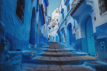 Poster - A narrow alley with blue walls and steps, suitable for urban and architectural themes
