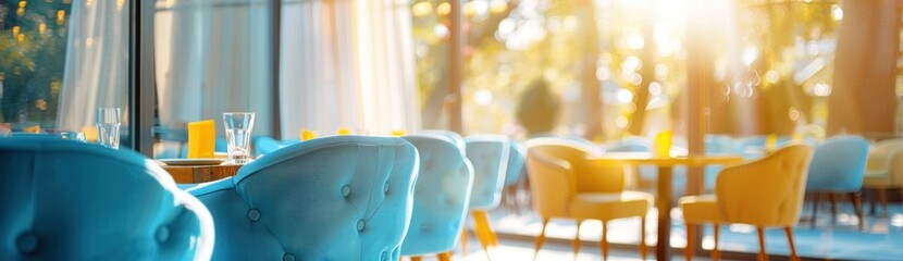 Wall Mural - Beautiful blurred background of an empty bright blue modern interior with panoramic windows and white chairs for relaxation in the style of the restaurant, office