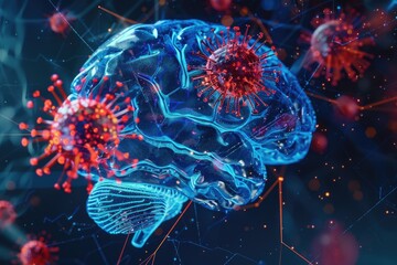 Poster - Close up of human brain with various viruses, suitable for medical concepts