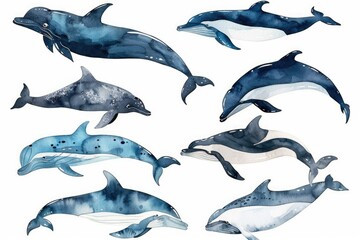 Sticker - Watercolor painting of dolphins swimming in ocean. Perfect for educational materials or marine-themed designs