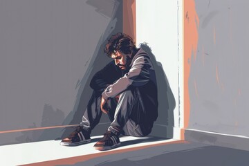 Poster - A man sitting on the floor in a room. Suitable for various concepts and designs