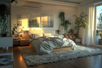 Poster - Cozy bedroom with a spacious bed and lush green plants, perfect for interior design concepts