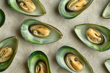 Fresh green mussels on a table, ideal for seafood concept