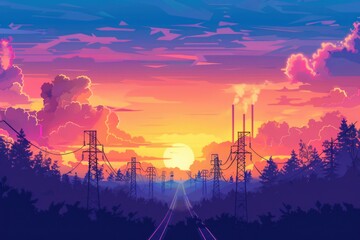 Aufkleber - A picturesque sunset with silhouetted power lines and trees. Suitable for nature and technology themes