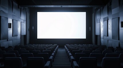 Wall Mural - Screen, lightbox, and rows of seats in a movie theater. Bright white glowing display for video presentation on a dark background.