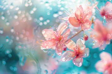Poster - Close-up of pink flowers covered in water droplets, suitable for nature and beauty concepts
