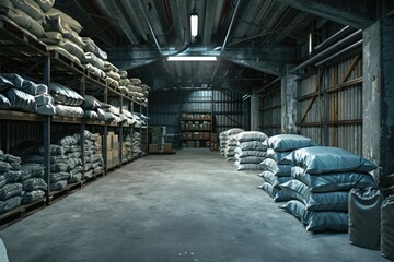 Rows of bags of cement in a warehouse. Ideal for construction industry