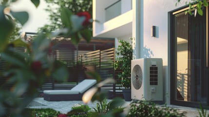 Poster - An image of a small air conditioner mounted on the side of a building. Suitable for illustrating energy efficiency or building maintenance concepts