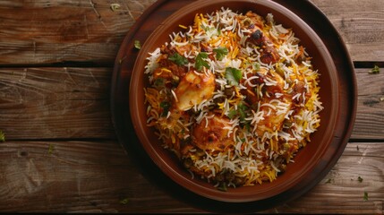 Wall Mural - Bowl of Indian Chicken Biryani on rustic wooden table