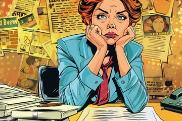 Poster - Woman sitting at desk surrounded by papers. Suitable for office or business concepts