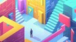 © Mark - Statistical illusion in TV game. Modern landing page of making a decision with isometric illustration of undecided businessman and stairs with open doors.