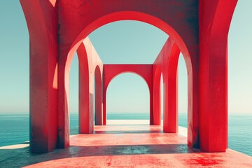 Wall Mural - A picturesque red archway leading to the ocean on a sunny day. Ideal for travel and vacation concepts