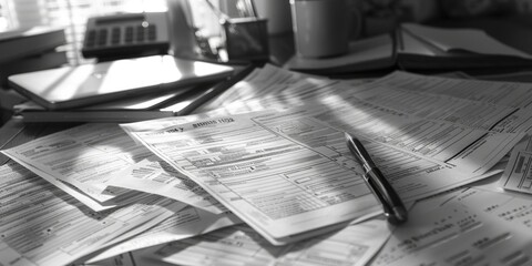 Aufkleber - A stack of papers on a table, suitable for office or education concepts
