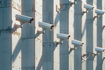 Poster - A cluster of surveillance cameras mounted on a wall. Suitable for security concept