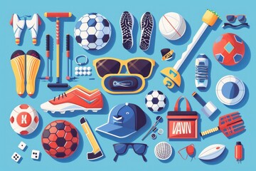 Poster - Sports equipment on vibrant blue backdrop, ideal for sports-related designs