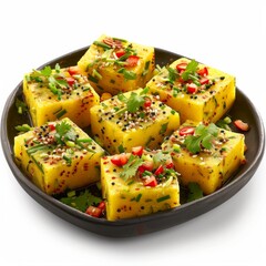 Wall Mural - A colorful plate of various Indian dishes, including Dhokla, elegantly arranged on a table