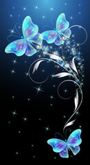 Wall Mural - Fairytale night sky with magical blue butterflies and floral ornament and stars. Fantasy sparkle background.