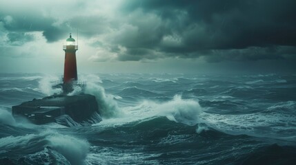 Poster - A lighthouse standing strong in the midst of a stormy ocean. Perfect for illustrating resilience and guidance in tough times