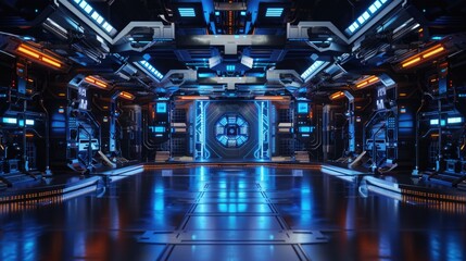 Aufkleber - A futuristic space station with blue lights. Perfect for sci-fi concepts