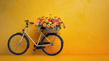 A Charming View Of A Bicycle With A Woven Basket Overflowing With Vibrant Blooms, Standing Against A Cheerful Yellow Background