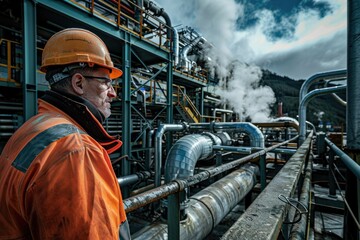 Wall Mural - A man wearing a hard hat and orange jacket. Suitable for construction industry promotions