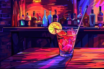 Poster - A glass filled with a drink on a wooden table. Suitable for food and beverage concepts