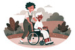 A  young woman is gently pushing an elderly lady seated in a wheelchair. They are outdoors, surrounded by lush greenery and plants, seeming to enjoy a tranquil stroll together 