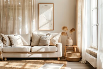 Poster - A comfortable living room with a couch and natural light coming in through a window. Perfect for home decor or interior design concepts