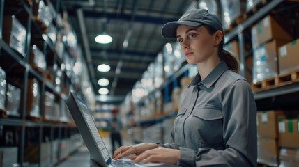 Wall Mural - A Female Warehouse Worker with Laptop