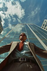 Poster - A man in a suit and tie standing in front of a modern skyscraper. Ideal for business and corporate concepts