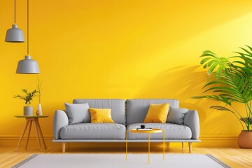 Poster - A cozy living room with yellow walls and a comfortable grey couch. Suitable for interior design concepts
