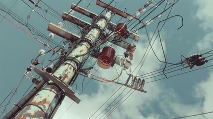 Poster - A telephone pole with numerous wires attached. Perfect for illustrating connectivity and communication concepts