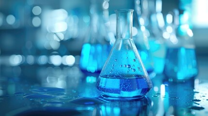 Poster - Blue flasks arranged on a table, suitable for scientific or laboratory concepts