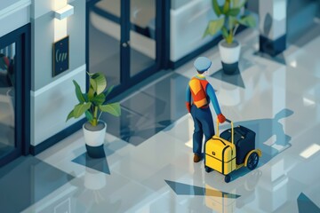 Poster - Man with suitcase walking in building, suitable for business concepts