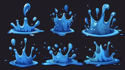 Wall Mural - A splash sequence animation sprite sheet for motion graphics or mobile games. A drip effect with drops shaped like crowns and liquid aqua splashing dynamically, Realistic 3D modern illustration.