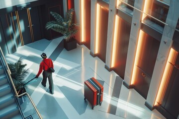 Poster - A man in a red shirt and hat with luggage. Suitable for travel concept