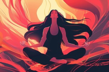 Poster - Woman sitting in lotus position with hair blowing in the wind, suitable for wellness and relaxation concepts