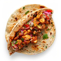 Wall Mural - A tortilla topped with fresh shrimp and sautéed onions, creating a mouthwatering dish
