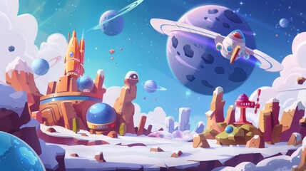 Illustration of a mobile arcade with spaceship, interstellar shuttle hovering above alien planets with rocks and assets on flying rock platforms, extraterrestrial landscapes Cartoon illustration
